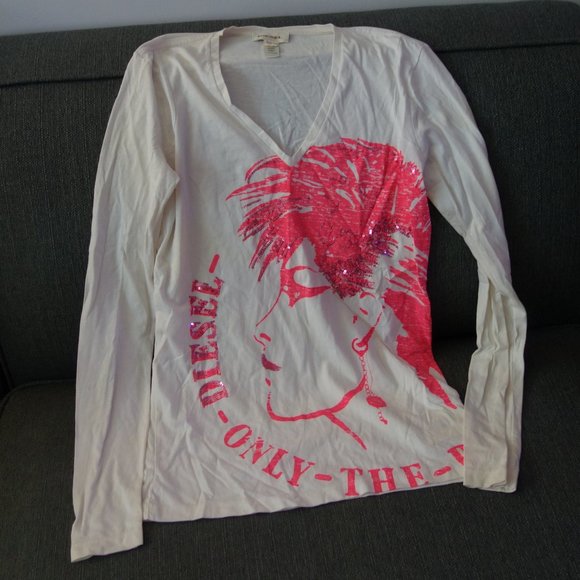 Diesel White V-Neck T-Shirt with Pink Only the Brave Design Size S - Picture 1 of 15